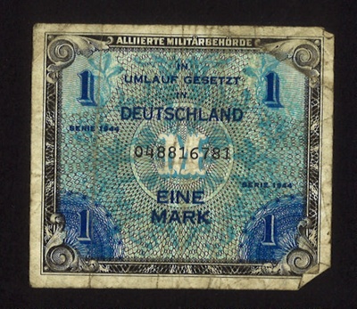 Bank note - German eine mark - 1944 - possibly occupation currency; 1/01/1944; 5458