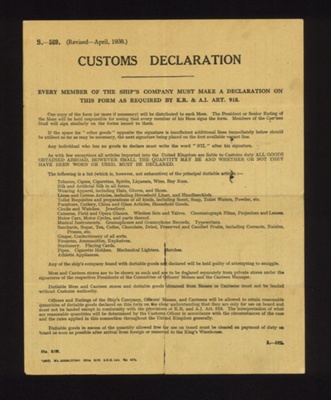 Customs declaration form S569 (2 pages) - "Customs declaration" - April 1938; 2498
