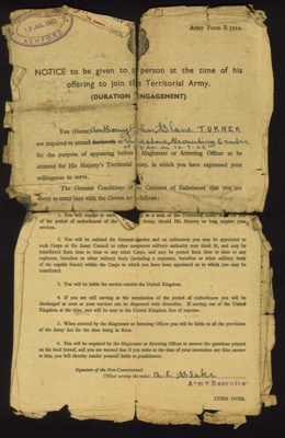 Army form E531A - "Notice on joining the Territorial Army" - A.J.B. Turner - 14/07/1943; 14/07/1943; 5153