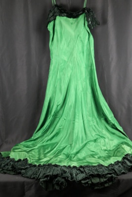 Green silk ladies evening dress with black velvet trim on bust & hem- modern (costume for school visit etc) ; 79109 Green silk ladies evening dress with black velvet trim on bust & hem- modern (costume for school visit etc) ; 79109