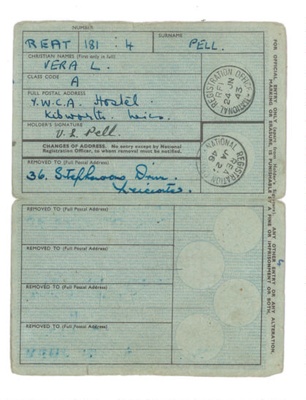 National Registration Identity Card - Vera L. Pell - Leicester - 24/06/1943; 24/06/1943; 36534