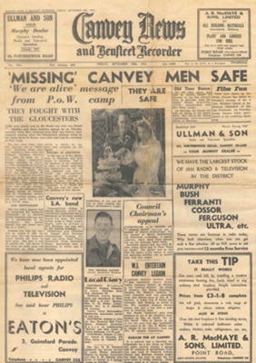 Newspaper Front Page - Canvey News and Benfleet Recorder - Friday 28th September 1951 - 'Missing Canvey Men Safe'.; 83487 Newspaper Front Page - Canvey News and Benfleet Recorder - Friday 28th September 1951 - 'Missing Canvey Men Safe'.; 83487