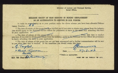 Form ed 753 - "Release group of man serving in mining employment as an alternative to service in H.M. Forces" - M. Taylor - 27/03/1946; 27/03/1946; 6130 Form ed 753 - "Release group of man serving in mining employment as an alternative to service in H.M. Forces" - M. Taylor - 27/03/1946; 27/03/1946; 6130