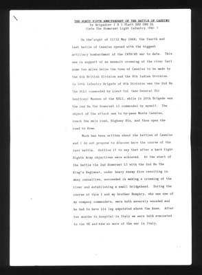 Typescript account - Battle of Cassino by Brig J.R.I. Platt - written on the 45th anniversary of the battle; 1974