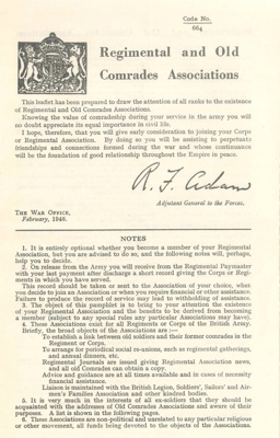 Information Leaflet - "Regimental and Old Comrades Associations" - War Office - February 1946; 1/02/1946; 38105