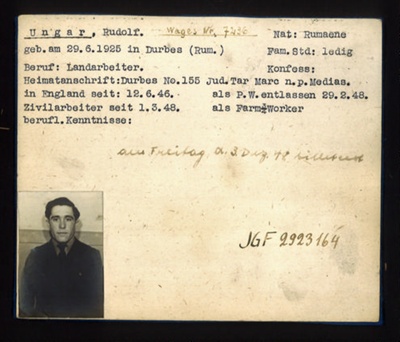 German P.O.W. record card - Rudolf Ungar - Rumanian - Dob 29/06/1925; 6637