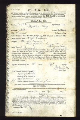 R.N. Form AG12 - Allottee's Pay Bill - Able seaman William Fury - 16/04/1894; 16/04/1894; 2484