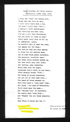 Poem - "I Hear the Boys are Coming Back" by Anne Chelton - R.C.C.F. Reunion - Tholthorpe - 6th-8th June 1986; 6/06/1986; 2364 Poem - "I Hear the Boys are Coming Back" by Anne Chelton - R.C.C.F. Reunion - Tholthorpe - 6th-8th June 1986; 6/06/1986; 2364