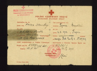Polish Red Cross certificate - awarded to Stanley Price - P.O.W. Stalag VIII C P.O.W. no: 117649 - 11/03/1945; 11/03/1945; 9094 Polish Red Cross certificate - awarded to Stanley Price - P.O.W. Stalag VIII C P.O.W. no: 117649 - 11/03/1945; 11/03/1945; 9094
