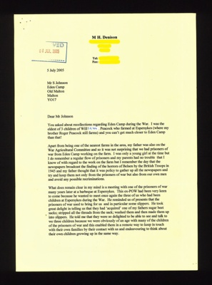 Letter containing info about POWs from Eden Camp who used to work on the local farms- including William Peacock's Espersykes farm; 48699