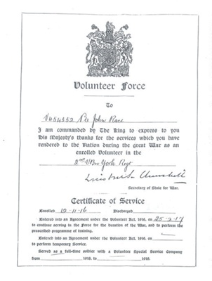 Copy of a certificate - Pte John Race - Volunteer Force - 2nd Bn Yorkshire Regiment - 1917; 35882 Copy of a certificate - Pte John Race - Volunteer Force - 2nd Bn Yorkshire Regiment - 1917; 35882