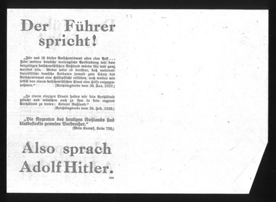 Propaganda leaflets (4) (in German) - "Der Fuhrer Spricht !" - "Warnung" - "Feldzugsplan der Nationalsozialistischen Hausfrau" - "Boltsfeinde am Wert !" (photocopies); 2040