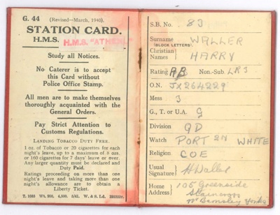 Royal Navy station card (red) - Harry Waller - "H.M.S. Athene" - 07/11/1941; 7/11/1941; 35739