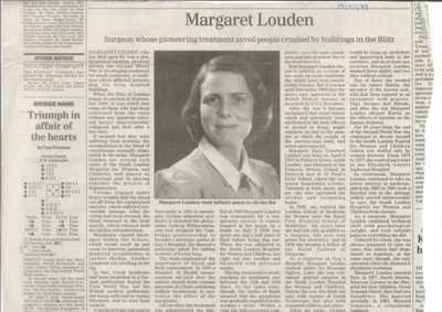 Obituary - Margaret louden - pioneer of treating crush victims during the blitz etc - (display in hut 21); 35899 Obituary - Margaret louden - pioneer of treating crush victims during the blitz etc - (display in hut 21); 35899