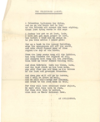 Poem - "The Policeman's lament" by "An Englishman" - derogatory view of the Jews in Palestine; 36949