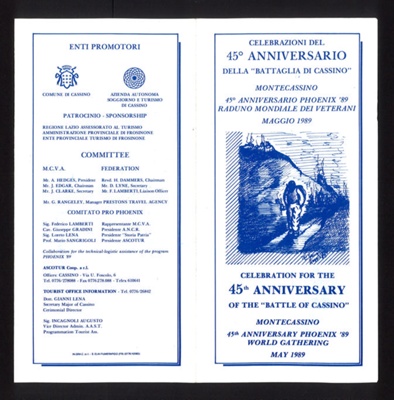Italian leaflet (in English & Italian) - to commemorate the 45th anniversary of the battle of Monte Cassino; 1915