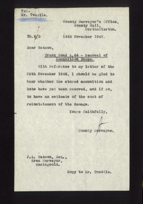 Correspondence - from county surveyor's office - Northallerton re: removal of stored ammunition and huts - 14/11/1947; 14/11/1947; 2738