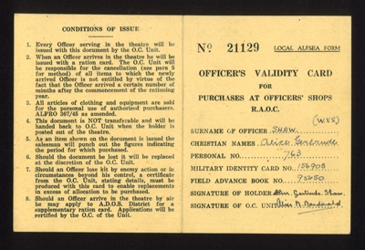 Officer's validity card - R.A.O.C. - Alice Gertrude Shaw ex-A.T.S. serving with W.V.S..; 9922