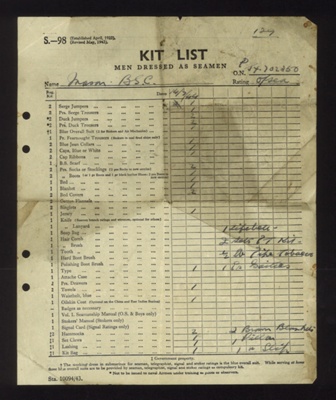R.N. form S98 - kit list - men dressed as seamen - B.S.C. Mason P/JX 702350; 2500