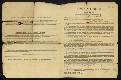 R.A.F. form 60b - "Seven years regular Air Force service" - Arthur Calvert - 10/03/1939; 10/03/1939; 2692