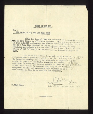 Order of the day - 09/07/1944 - Caen captured - 185 Infantry Brigade workshop R.E.M.E.; 9/07/1944; 2101 Order of the day - 09/07/1944 - Caen captured - 185 Infantry Brigade workshop R.E.M.E.; 9/07/1944; 2101