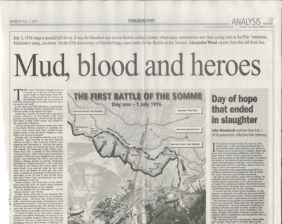 Newspaper article commemorating the 85th anniversary of the battle of the Somme - northern pals Regiments; 36237