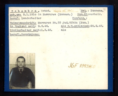 German P.O.W. record card - Ernst Schembra - Rumanian - Dob 03/01/1910; 6624
