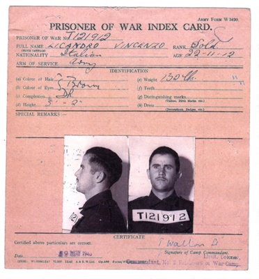 Prisoner of war index card. Vincenzo Licandro, Italian. Eden Camp. P.O.W.; 66078
