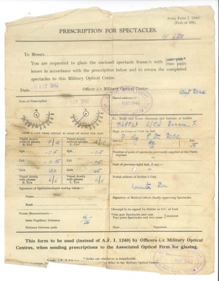 Army form I 1240c - "Prescription for spectacles" - L/Cpl F. ranson - May 1942; 1/05/1942; 37755 Army form I 1240c - "Prescription for spectacles" - L/Cpl F. ranson - May 1942; 1/05/1942; 37755