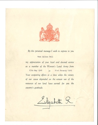Letter of appreciation - from Elizabeth R  to Vera Lilian Pell for service in the Women's Land Army 27/05/1942 to 21/01/1946; 36537 Letter of appreciation - from Elizabeth R  to Vera Lilian Pell for service in the Women's Land Army 27/05/1942 to 21/01/1946; 36537
