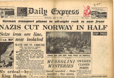 Daily Express 17/04/1940 - "Nazis cut Norway in half"; 17/04/1940; 15809 Daily Express 17/04/1940 - "Nazis cut Norway in half"; 17/04/1940; 15809