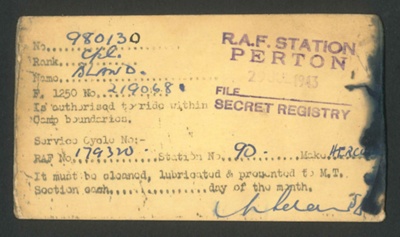 R.A.F. station Perton - bicycle pass - Cpl Bland 980130 - 20/07/1943; 20/07/1943; 2003 R.A.F. station Perton - bicycle pass - Cpl Bland 980130 - 20/07/1943; 20/07/1943; 2003