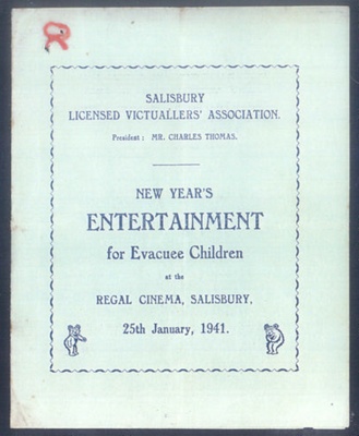 Copy of front cover of a cinema programme - new years entertainment for evacuee children - "Salisbury cinema" - 25/01/1941; 34633 Copy of front cover of a cinema programme - new years entertainment for evacuee children - "Salisbury cinema" - 25/01/1941; 34633