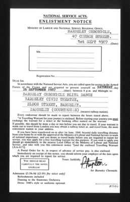 Tickets (2) & Song sheet (1) - "Barnsley chronicle blitz dance" - 26/09/1987 - 1940s style dress; 26/09/1987; 5255