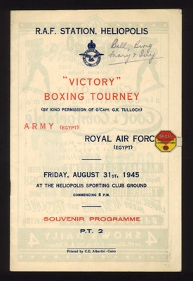 Souvenir programme- 'Victory boxing tourney' RA.F station Heliopolis, Egypt 31.08.1945; 78838