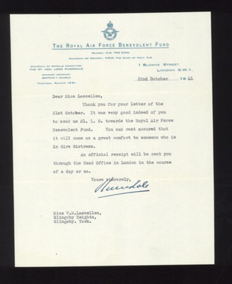 Letter of thanks - from R.A.F. benevolent fund to Miss V.M. Lascelles - 22/10/1941; 22/10/1941; 7348