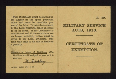 Army Form R39 - Certificate of Exemption - Military Service Acts 1916 - Harry Hindley - 02/01/1917; 2/01/1917; 4765
