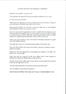 Humorous prose - "So just why do you deserve a pension ?"; 36812