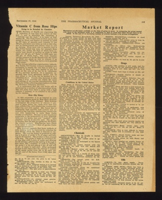 Magazine article - "Vitamin C from rose hips" - extract from "The Pharmaceutical Journal" 29/09/1941; 27/09/1941; 5043