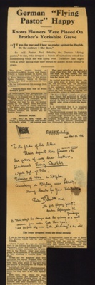 Press cutting - "German flying pastor happy" - flowers dropped from Hindenburg for brother's grave; 1/01/1936; 5302