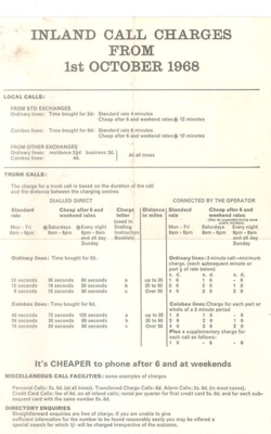 Post Office information leaflet - "Inland call charges from 1st October 1968" - telephone charges; 1/10/1968; 38570 Post Office information leaflet - "Inland call charges from 1st October 1968" - telephone charges; 1/10/1968; 38570