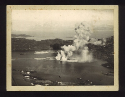 Photograph - sinking of German submarine depot ship at Kilboten Norway - last operation of 846 squadron R.N.A.S.; 2604