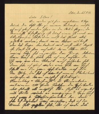 Handwritten letter from Franz Glanz to his parents 25/07/1943 from Eastern front. 4 day journey, an inspection by a general & requesting his parents send him certain items. in German with English translation. Franz Glanz a POW at Eden Camp; 71517