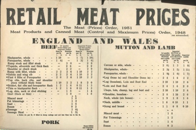 Posters (3) - "Retail meat price charts" 1951 - 1952 - 1953 - (1953 chart in hut 07); 2874