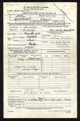 Navy form s459 - certificate of service in the Royal Navy - Ernest Butterworth JX 532760 - from 18/05/1943; 18/05/1943; 9637