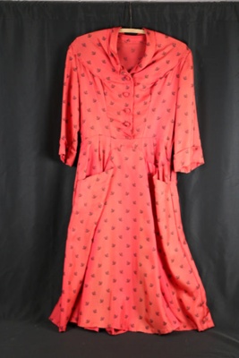 Ladies red satin dress with black flowers; 73426