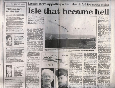 Press cutting - "The Battle for Crete" - 50th anniversary article - Yorkshire Evening Press 22/05/1991; 22/05/1991; 3414 Press cutting - "The Battle for Crete" - 50th anniversary article - Yorkshire Evening Press 22/05/1991; 22/05/1991; 3414