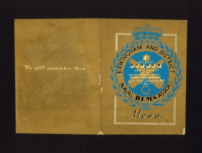 Menu - Birmingham and District Naval D.E.M.S. Association annual dinner - 19/01/1957; 19/01/1957; 1846