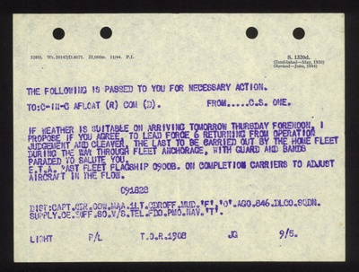 Royal Navy signals (2) - from "H.M.S. Trumpeter" re: recovery of air crews & home fleet anchorage review; 2608