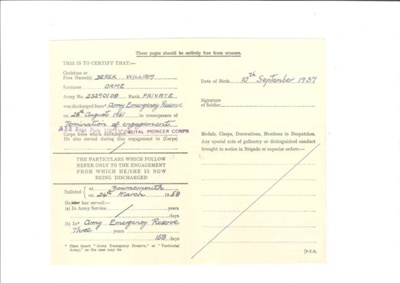 Army form b108d - "Certificate of service" - Pte D.W. Orme - R.P.C. - 28/08/1961; 28/08/1961; 34753 Army form b108d - "Certificate of service" - Pte D.W. Orme - R.P.C. - 28/08/1961; 28/08/1961; 34753